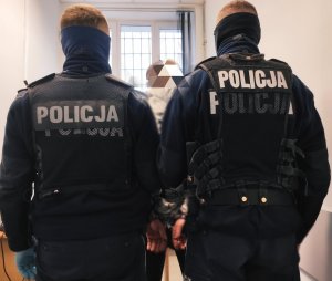Obraz przedstawia policjantów z Posterunku Policji w Ciechanowcu stojących tyłem z zatrzymanym