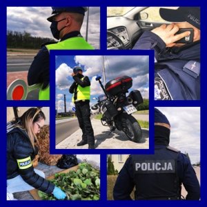 Obraz przedstawia pięć zdjęć pokazujących prace policjantów- policjant na motorze, policjant w radiowozie, policjantka zabezpieczająca dowody rzeczowe, policjant kierujący ruchem, policjant w patrolu pieszym