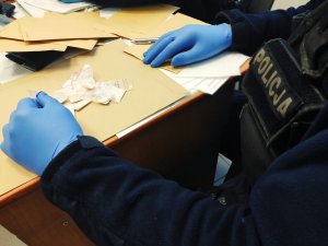 Obraz przedstawia dłonie policjanta w rękawiczkach W tle widać zabezpieczone torebko foliowe z białym proszkiem