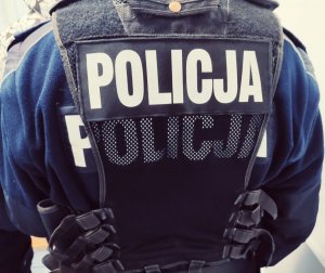 obraz przedstawia policjanta stojącego tyłem w kamizelce z napisem policja