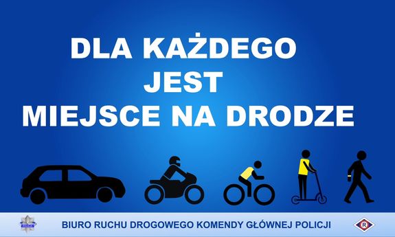 obraz przedstawia napis na granatowym tle -dla każdego jest miejsce na drodze oraz ikony osoby pieszej, jadącej rowerem, motocyklem,hulajnogą i samochodem