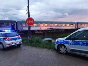 obraz przedstawia dwa radiowozy policyjne oznakowane na tle pociągu, w tle znak stop
