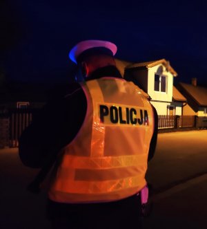 obraz przedstawia policjanta w kamizelce odblaskowej w porze wieczorowo-nocnej