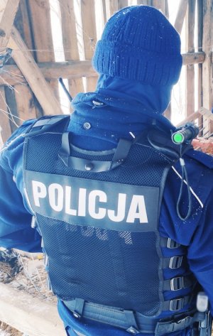 obraz przedstawia policjanta na tle drewnianego budynku