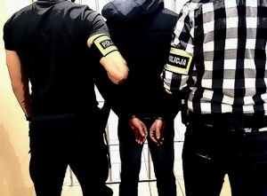 obraz przedstawia dwóch policjantów mających na ramionach opaski z napisem policja trzymających za ramiona zatrzymanego, który ma założone na dłoniach kajdanki