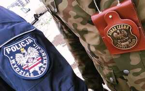 obraz przedstawia naszywki na mundurze strażnika leśnego i policjanta