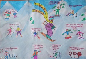 obraz przedstawia nagrodzoną pracę plastyczną- chłopca zjeżdżającego na nartach