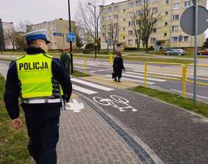 obraz przedstawia policjantów ruchu drogowego patrzących na przejście dla pieszych