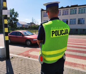 obraz przedstawia policjanta trzymającego w ręce tarcze do zatrzymywania pojazdów