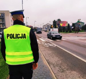 obraz przedstawia policjanta ruchu drogowego stojącego przed przejściem dla pieszych, w tle pojazdy