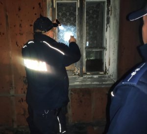 obraz przedstawia policjanta stojącego przed opuszczonym budynkiem
