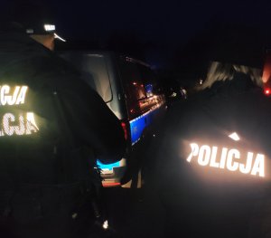 obraz przedstawia policjantów stojących na drodze w porze nocnej, w tle radiowóz