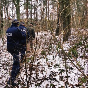 obraz przedstawia policjantów i leśnika na tle masywu leśnego