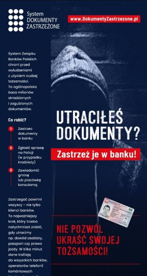 obraz przedstawia napis w kolorze białym na granatowym tle - utraciłeś dokumenty zastrzeż je w banku, nie pozwól ukraść swojej tożsamości, system dokumenty zastrzeżone