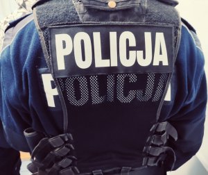 obraz przedstawia policjanta w czarnej kamizelce z napisem policja