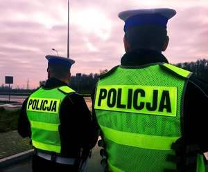 obraz przedstawia policjantów na tle masywu leśnego