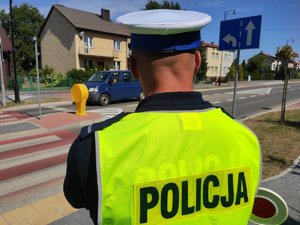 obraz przedstawia policjanta na tle przejścia dla pieszych