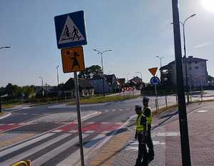obraz przedstawia policjanta sprawdzającego oznakowania przejść dla pieszych przy szkole