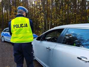 obraz przedstawia policjanta stojącego przy pojeździe