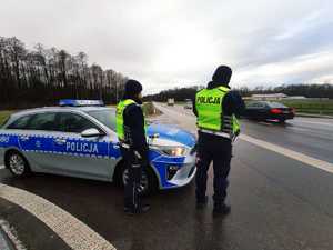 obraz przedstawia policjantów obserwujących drogę