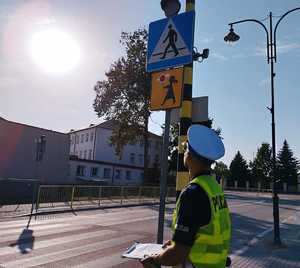 obraz przedstawia policjanta i znak drogowy