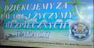 obraz przedstawia napis ,,Dziękujemy za uwagę i życzymy bezpiecznych wakacji&quot;
